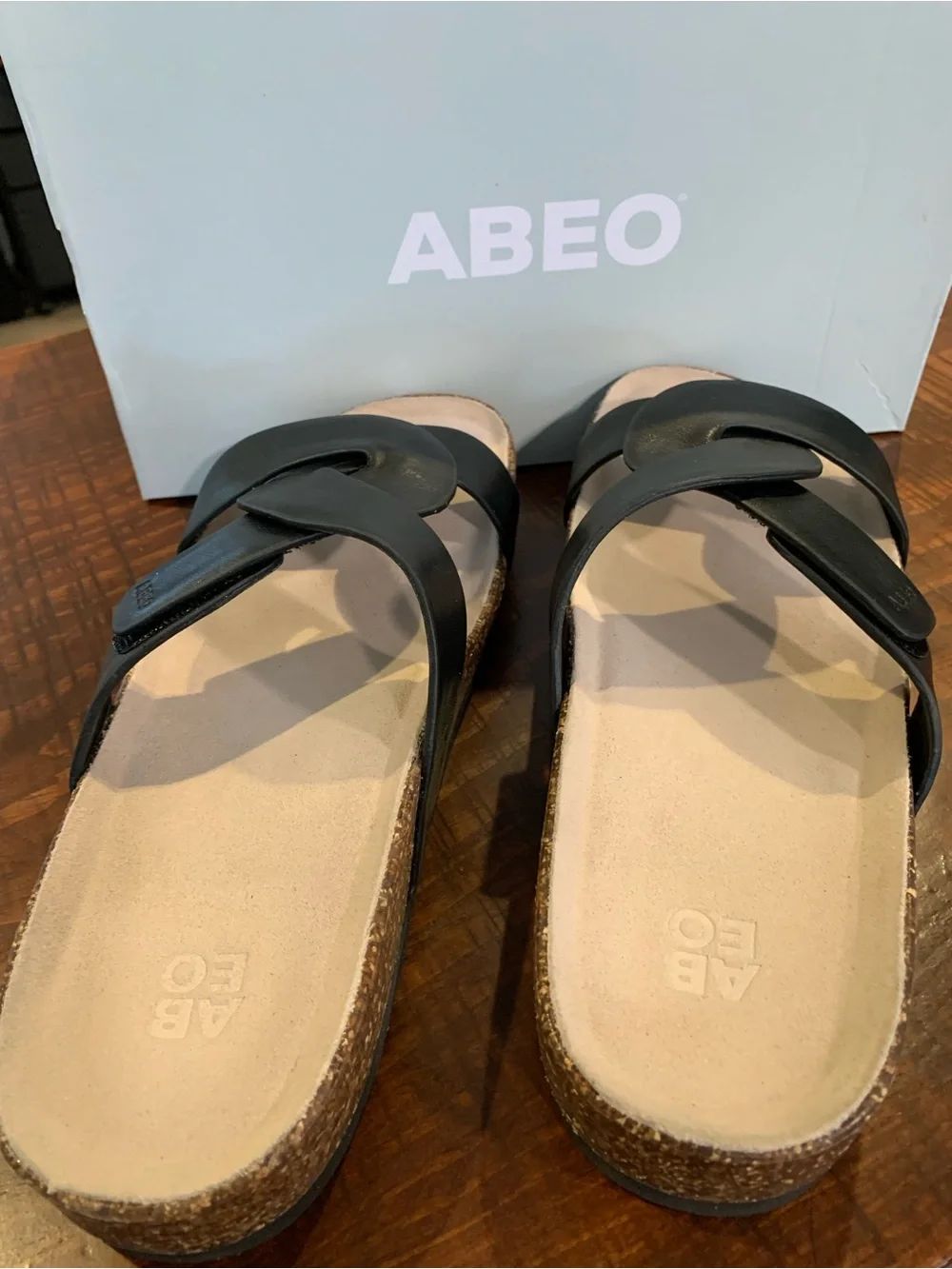 Abeo Black Leather Crossover Cork Footbed Sandals